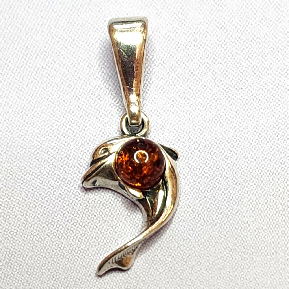 Vintage Baltic Amber and Sterling Signed Dolphin Charm